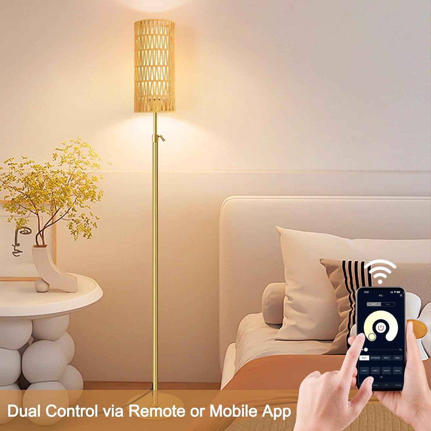 Boho Gold Floor Lamp with Remote Control | Dimmable Rattan & Wicker Design for Living Room