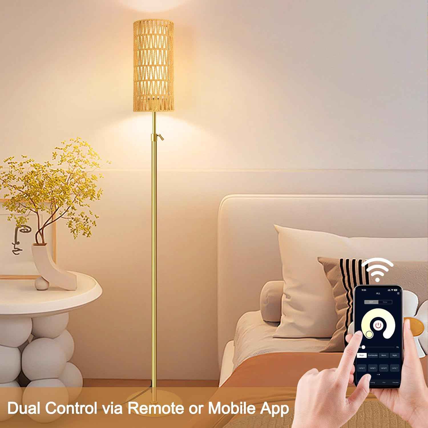 Boho Gold Floor Lamp with Remote Control | Dimmable Rattan & Wicker Design for Living Room