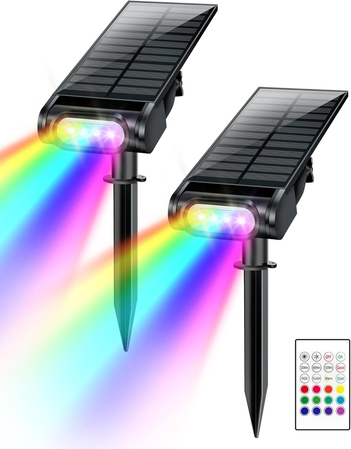 RGB Solar Spot Lights for Halloween - 12 Color Modes, Waterproof IP67, Remote Control, 4-Pack for Yard & Garden