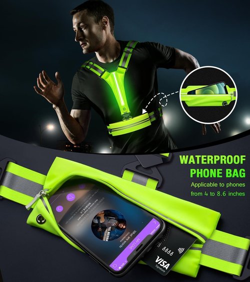 iOCSmart LED High Visibility Reflective Vest, Adjustable Hi Vis Sports Gear Safety Vest with Waterproof Phone Storage Bag Key Case for Walking the Dog, Running, Cycling, Motorcycle