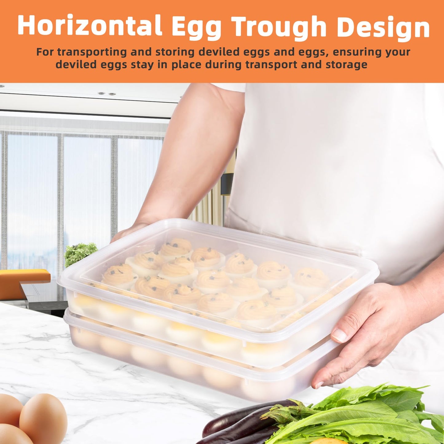 coxiecc Deviled Egg Containers with Lid, (Set of 2), Stackable Deviled Egg Carrier for 48 Eggs, Clear Egg Holder for Fridge with Lid, Portable Plastic Deviled Egg Tray for Party, Easter Eggs Tray
