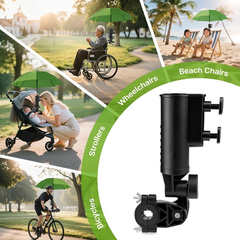 T TGBROS Golf Push Cart Umbrella Holder 180°Adjustable, Universal Fit with Heavy-Duty Clamp Windproof Umbrella Mount for Mobility Scooter, Stroller, Wheelchair, Beach Chair Easy Install & Strong Grip