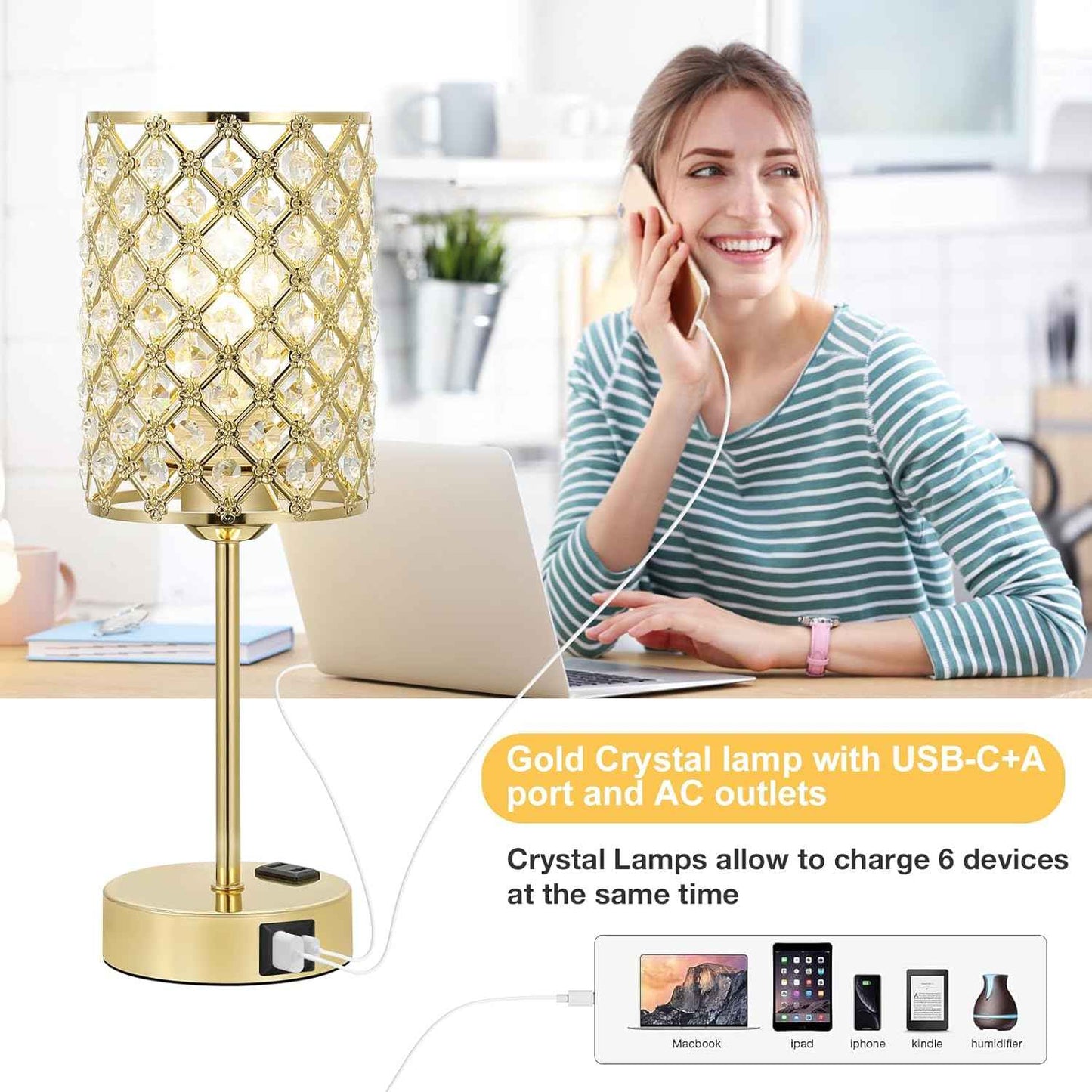 Dimmable Touch Control Crystal Table Lamp Set of 2 with USB-C & AC Ports - Elegant Nightstand Lighting for Bedroom & Living Room