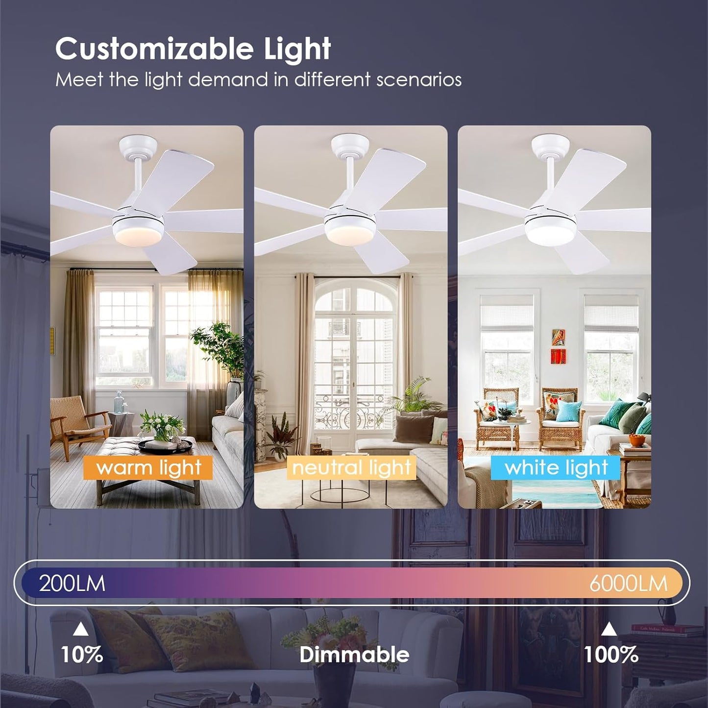 46” Black Low Profile Ceiling Fan with Lights & Remote Control - Dimmable, Noiseless, Reversible for Bedroom