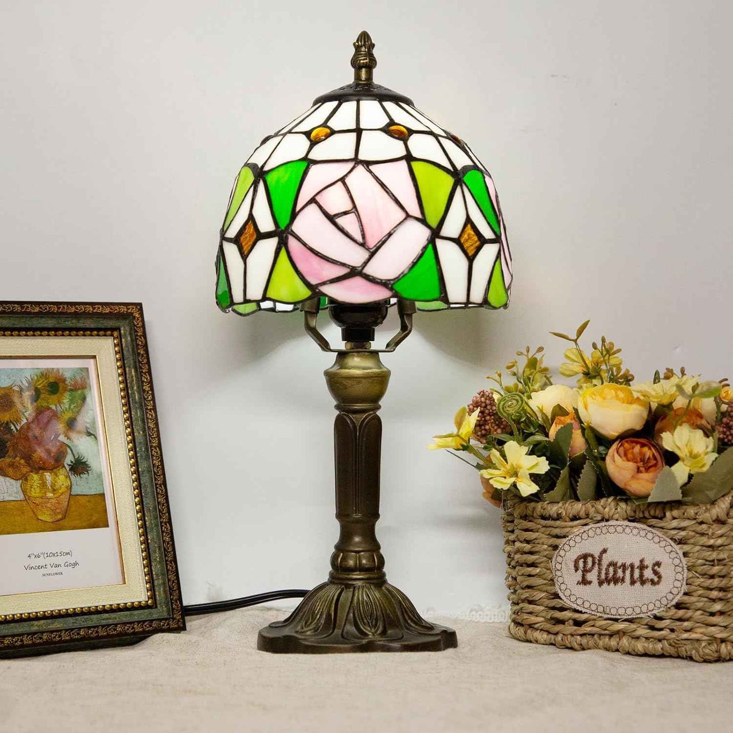 Tiffany Table Lamp - 8 Inch Antique Stained Glass, 3 Color Temperatures, Handcrafted for Bedroom & Living Room