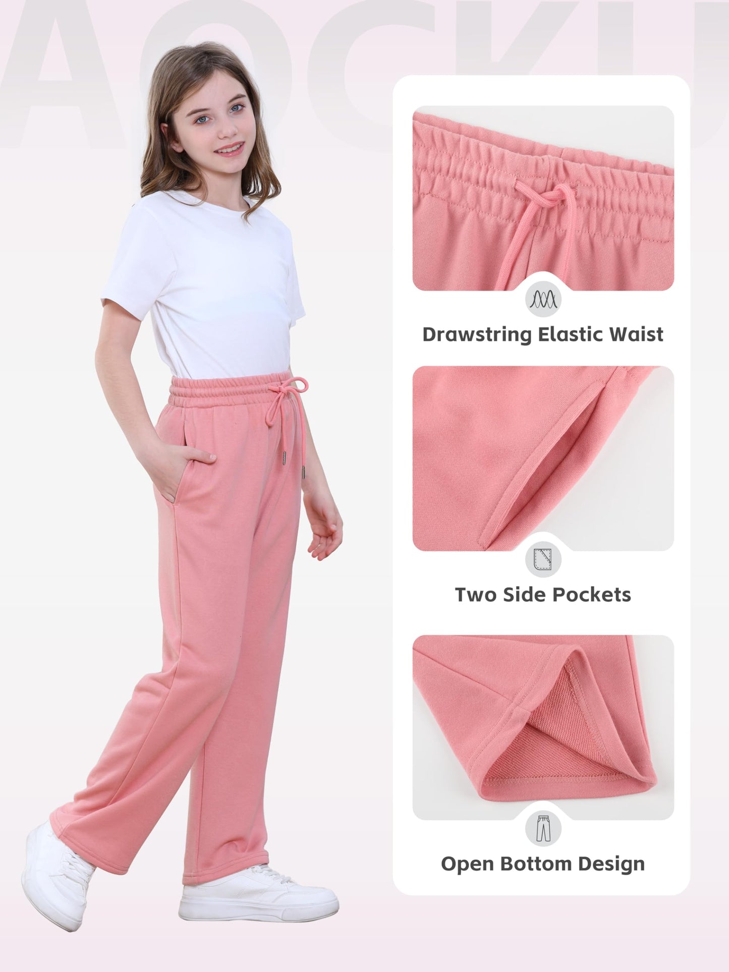 Aocku 3 Pack Girls Sweatpants Athletic Wide Leg Drawstring Joggers Pants Girls Kids Sweatpants Open Bottom Pants