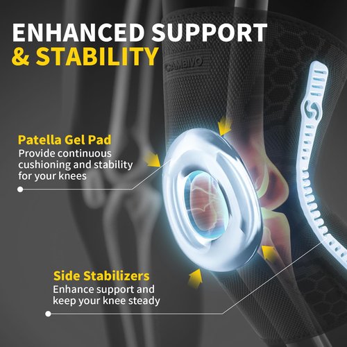 CAMBIVO Elite Motion Series Knee Brace for Men and Women (2 Pack), Knee Compression Sleeves with Patella Gel Pad and Side Stabilizers for Knee Pain Relief, Running, Workouts, Sports (Black, Large)