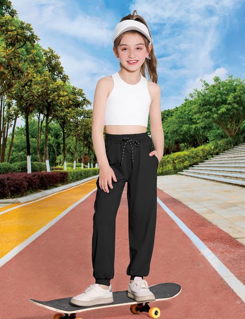 Hvididan Girls Hiking Pants Black Joggers Cooling Baggy Pants Lightweight Quick Dry Athletic Sweatpants for Girls 10-12 with Pockets Soft Breathable Summer Lounge Jogging Kids Teens Toddler