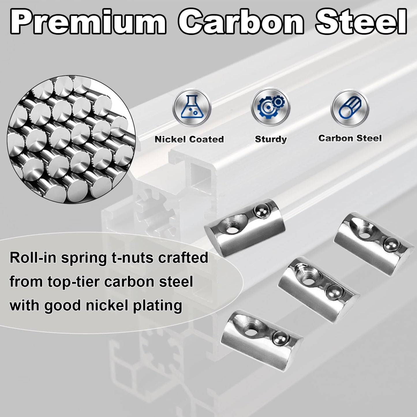 M3 Roll in Spring Loaded T Nut 100pcs M3x0.5mm T-Nuts Carbon Steel Nickel Plated for 20x20 20 Series Aluminum Extrusions 3D Printer Replacement Tiny Nuts
