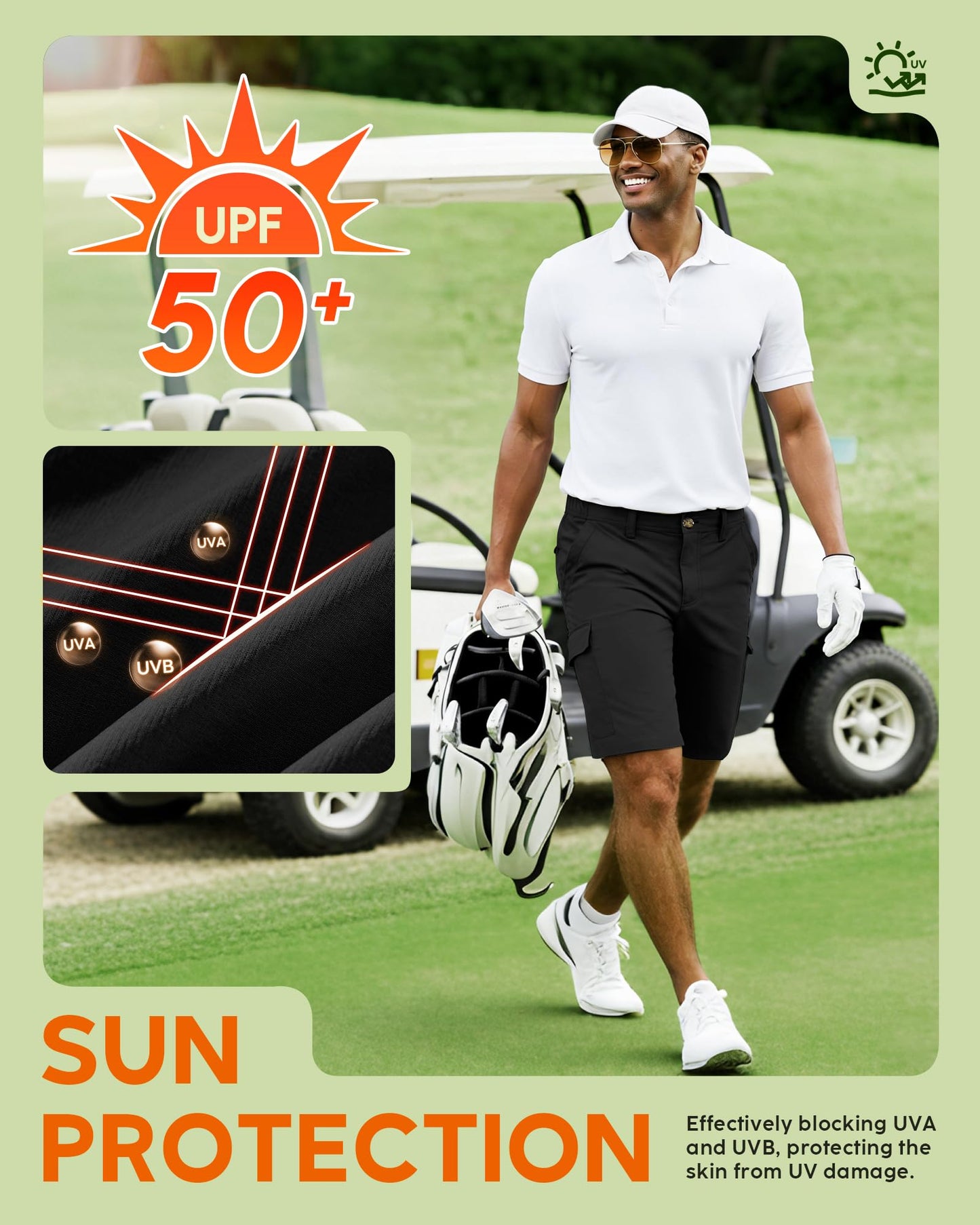 33,000ft Men's Golf Shorts 10" Inseam with Zipper Pocket Lightweight Quick Dry Stretch Hiking Cargo Shorts for Travel Fishing Black