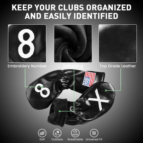 Golf Iron Covers Set US Flag Leather for Irons Value 11 Pack, Long Neck Protector Number Headcover, Universal Head Cover Fit Main Iron Clubs for Men Women Golfer (Black-USA Flag)