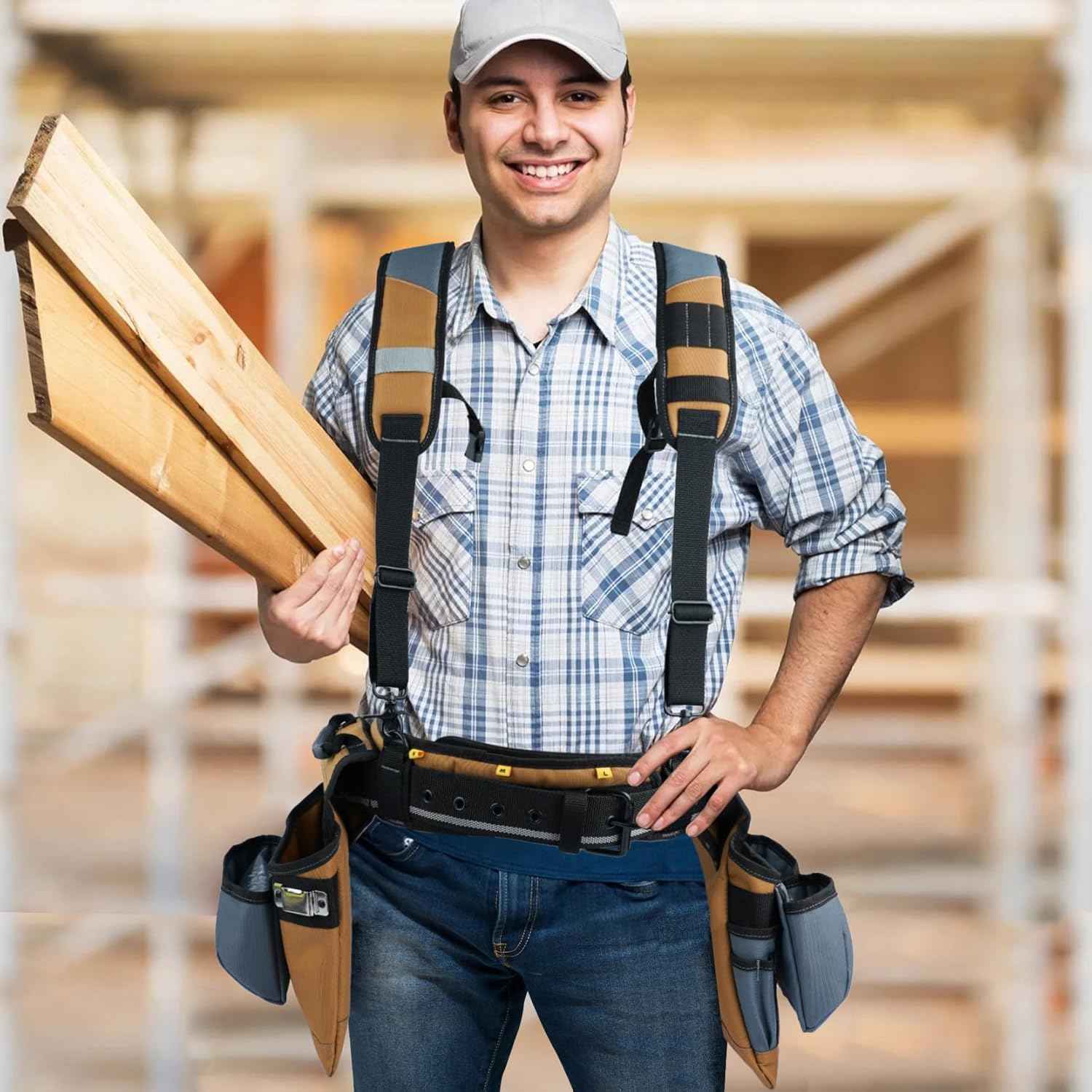 Pro Carpenter Tool Belt with Suspenders - Heavy-Duty Suspension Rig for Contractors & Electricians, Khaki