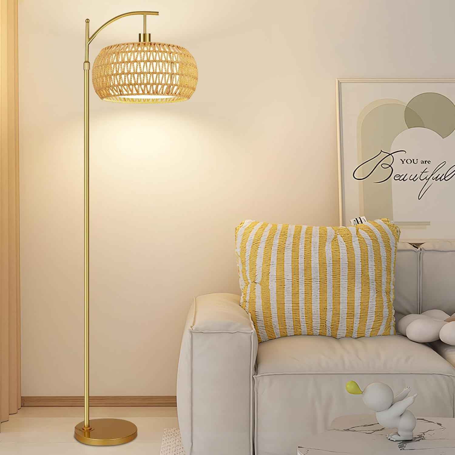 Boho Gold Floor Lamp with Remote Control | Dimmable Rattan & Wicker Design for Living Room