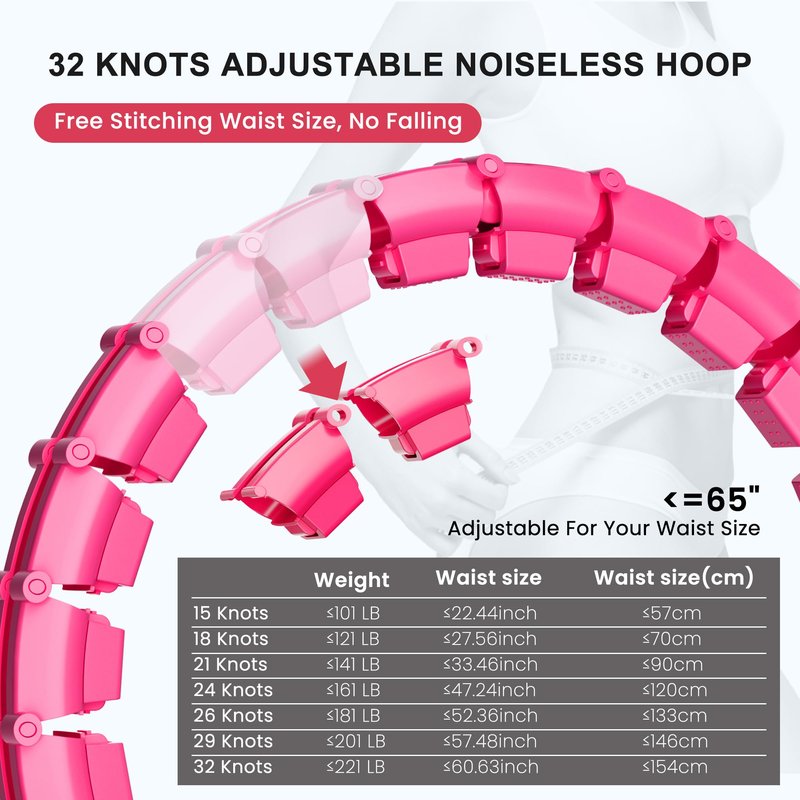 Plus Size Silent Weighted Hula Infinity Fitness Detachable Hoops 65-Inch 32 Knot, Smart Noiseless Infinity Hula for Women, 2-in-1 Waist and Abdominal Home Workout Equipment