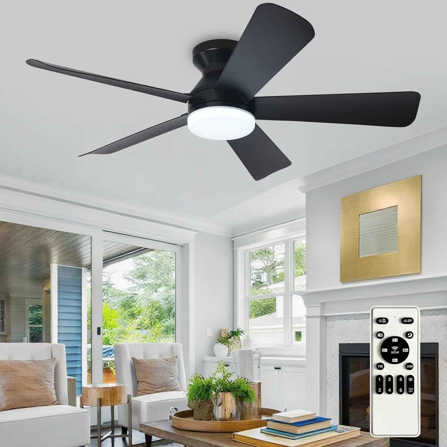 42-Inch Modern Black Ceiling Fan with Light & Remote - Dimmable Low Profile, 5 Reversible Walnut Blades, 6 Speeds for Indoor/Outdoor Use