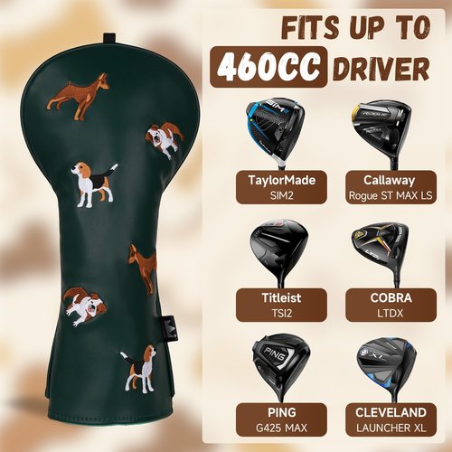 Craftsman Golf PU Leather Dog Embroidery 460cc Driver Headcover Fairway Wood Hybrids Putter Cover Cute Chocolate Lab Border Collie Beagle (for Driver/Green)