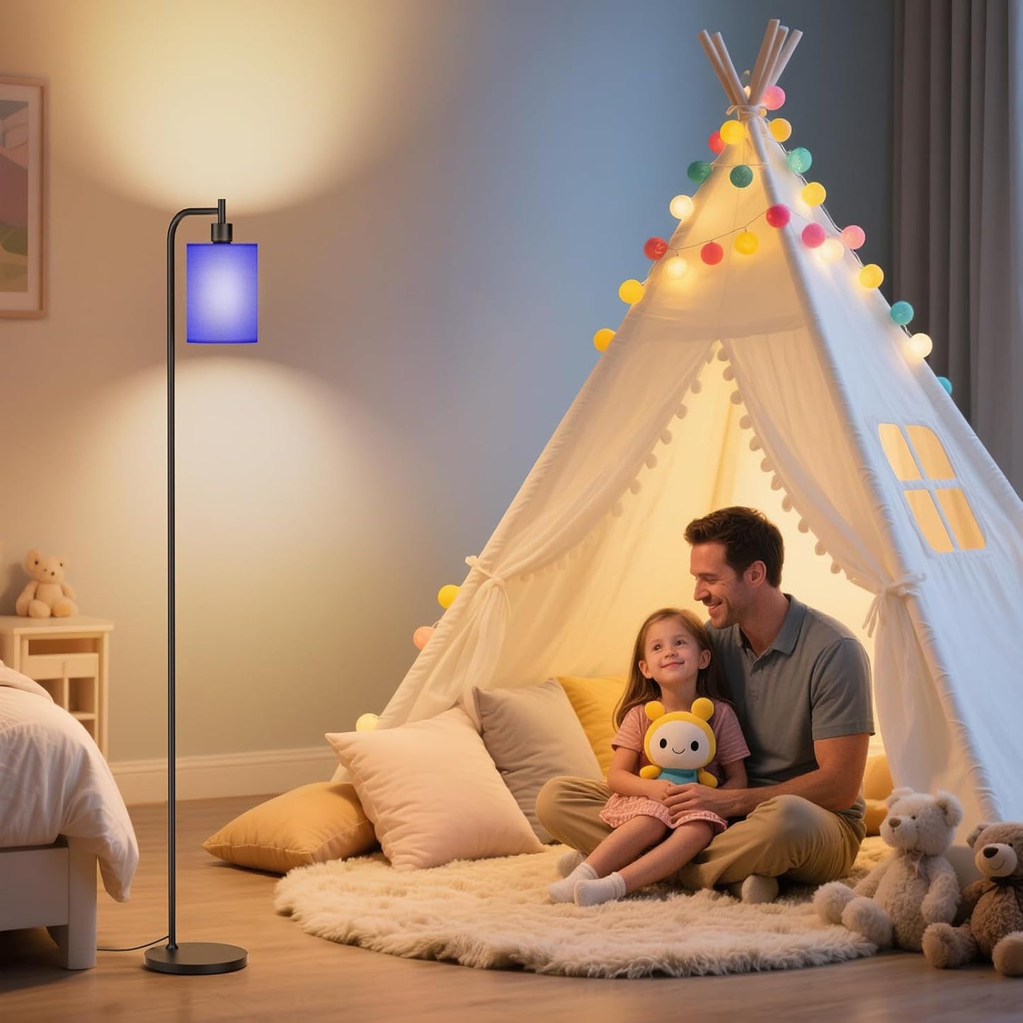 Dimmable Floor Lamp with Linen Shade & Remote Control - Modern 9W LED Standing Lamp for Living Room, Bedroom, Office