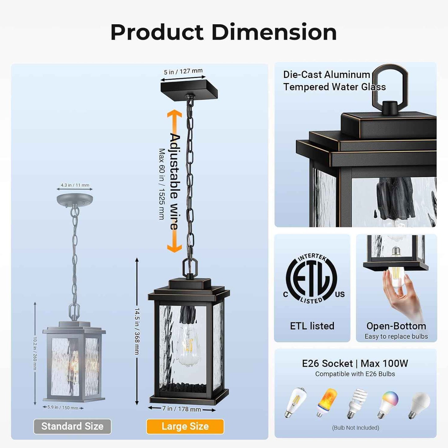 Outdoor Pendant Light - Oil Rubbed Bronze Chandelier for Porch & Patio, Adjustable Chain