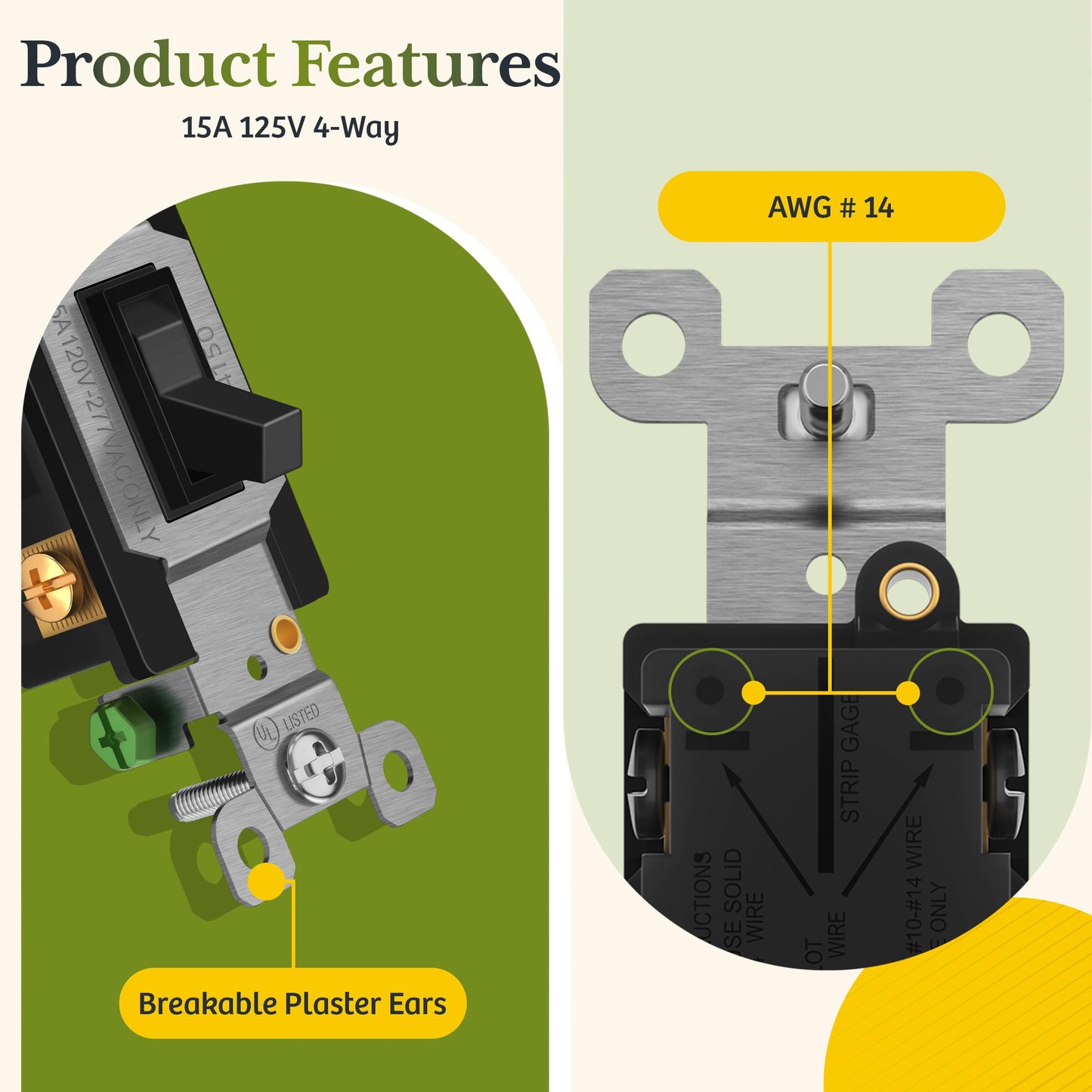 TG 4-Way Toggle Light Switch, Four Way Electrical Wall Switch, 15 Amp, 120V-277V AC, Grounding Screw, Residential Grade, UL Listed, LS-T415-BK, Black (1 Pack)