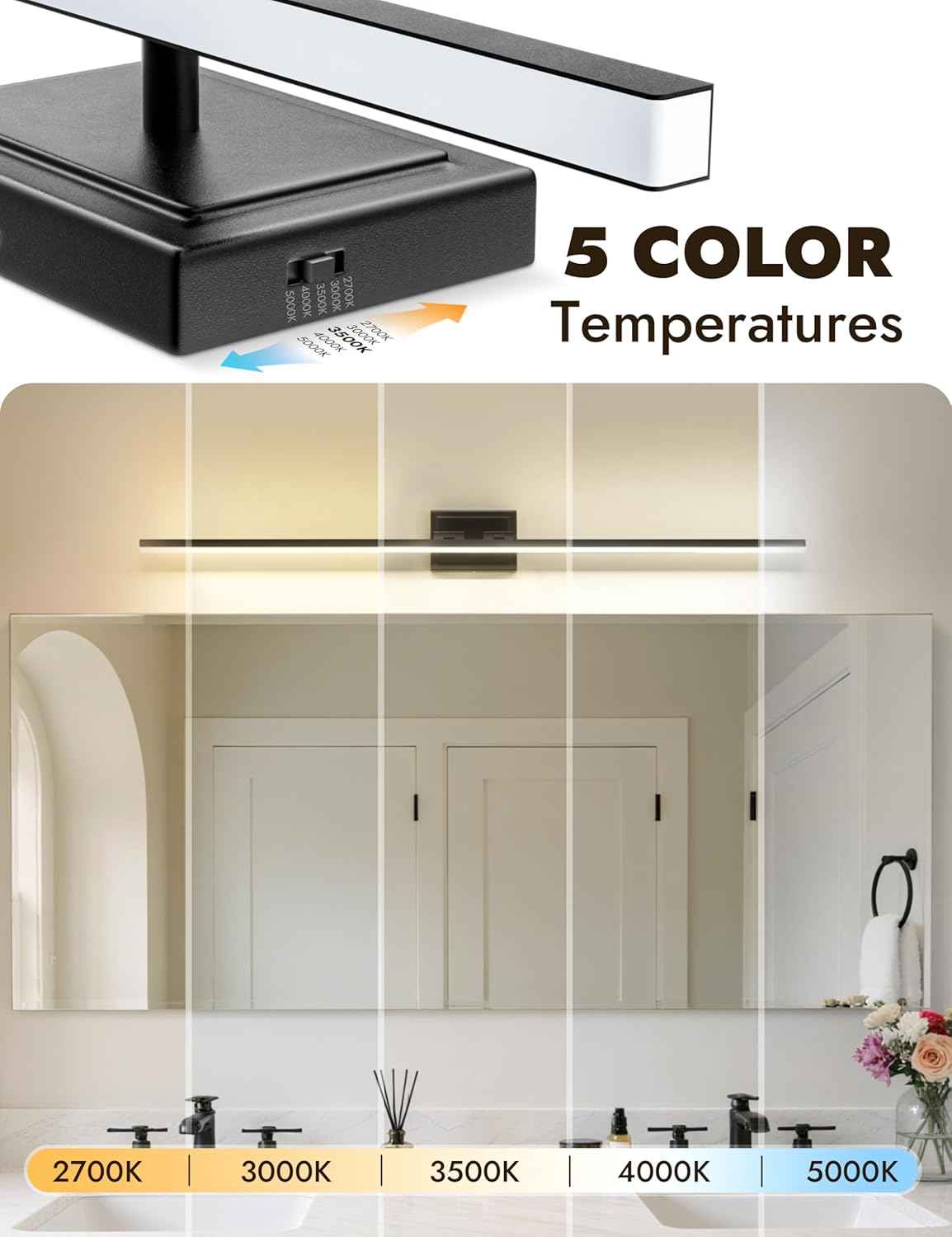 NIORSUN 24-Inch Dimmable LED Bathroom Vanity Light Fixture - Modern Black Over Mirror Lighting, 5CCT, ETL Certified