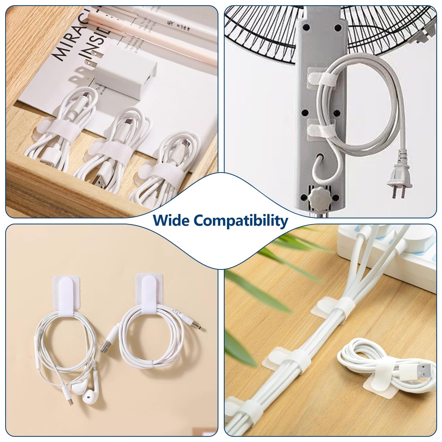 Abnii 50 PCS Hook and Loop Cable Ties, Under Desk Cable Management, Self Adhesive Cable Clips Straps, Sticky-Back Cord Organizer, Wire Organizer for TV PC Laptop Ethernet Desktop, White