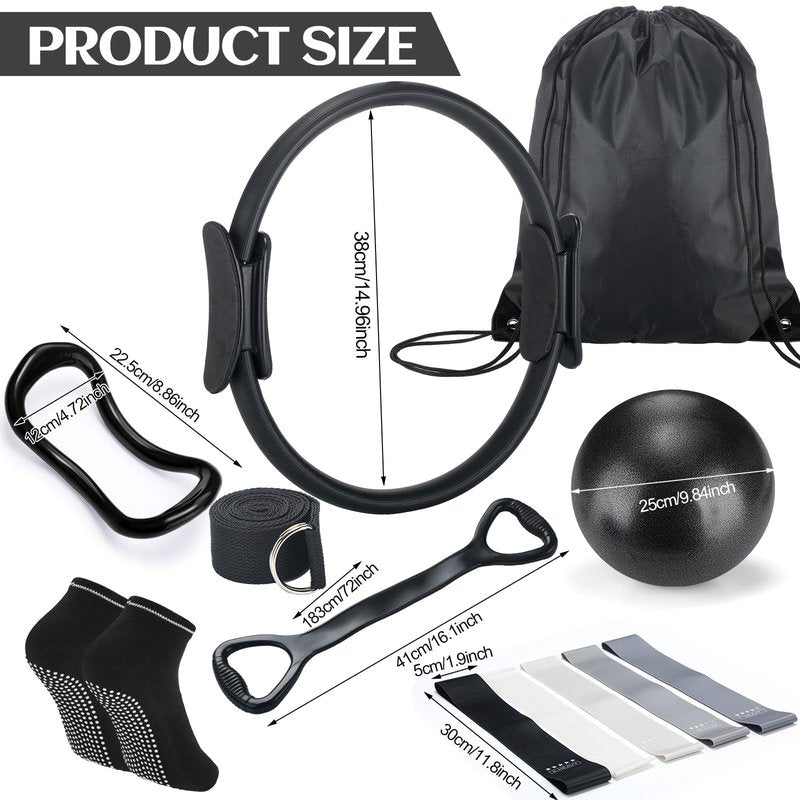 RoundFunny Pilates Ring Circle Set 18 Pcs Exercise Equipment Accessories for Women Workouts Pilates Ball Stretching Strap Magic Circle Yoga Ring Gym Back Bag Resistance Band Anti Slip Socks(Black)