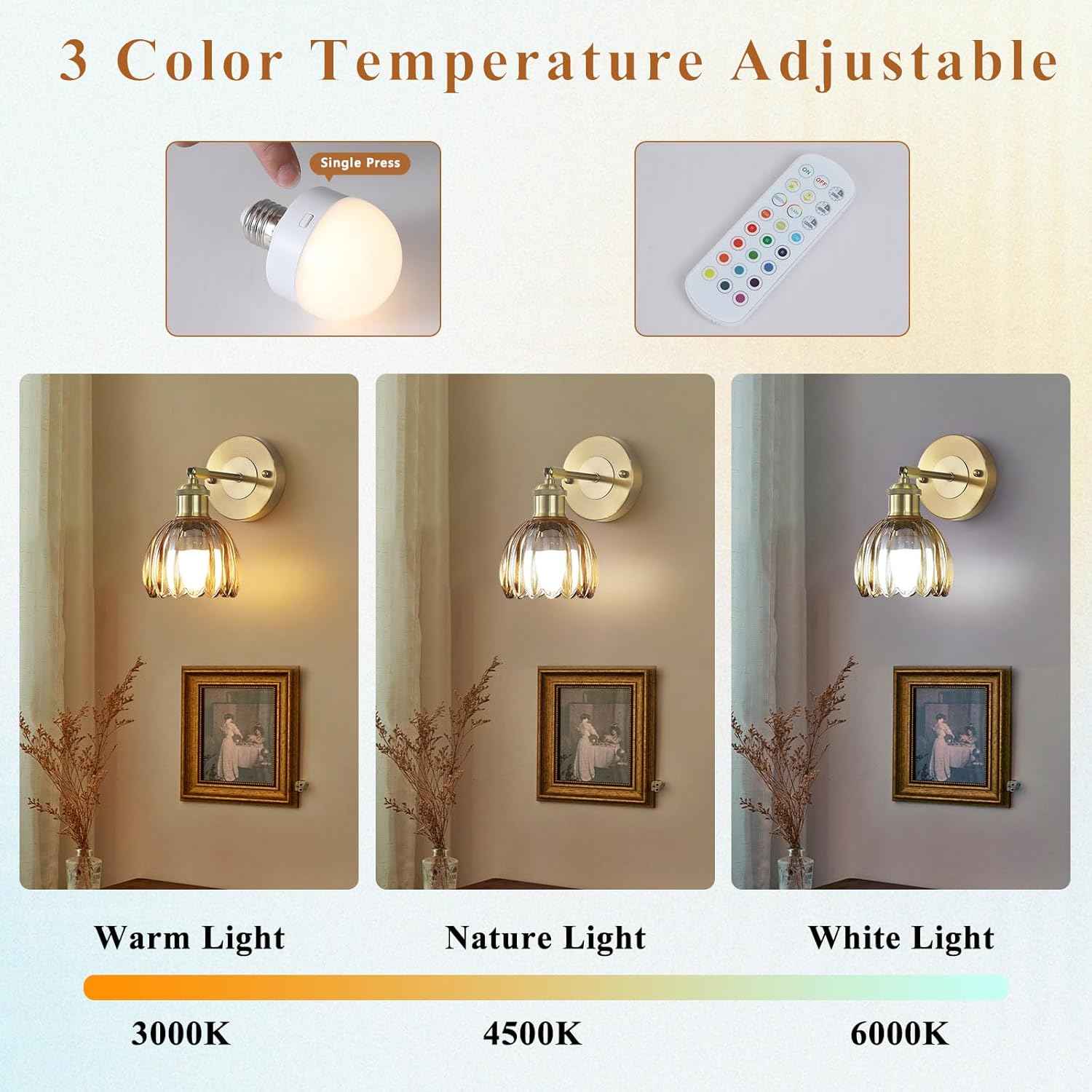 Rechargeable Vintage Wireless Wall Sconces - Gold LED Tulip Glass Lamps with Remote Dimming for Bedroom & Living Room