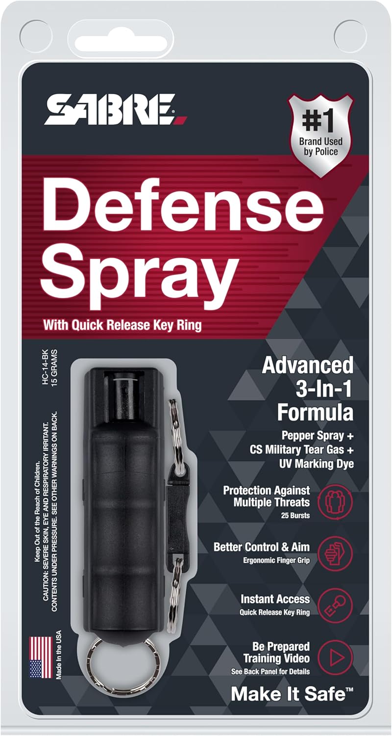 SABRE 3-in-1 Defense Spray - Max Police Strength Pepper Spray with Tear Gas & UV Dye, Quick Release Keychain, 0.54 fl oz