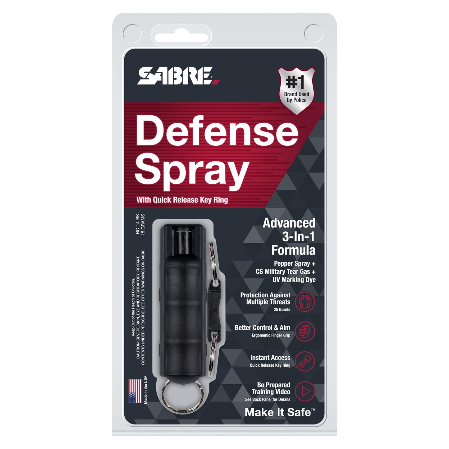 SABRE 3‑in‑1 Defense Pepper Spray with Tear Gas & UV Marking Dye - Twist-Lock Safety, Quick-Release Keychain, Maximum Strength OC for Self Defense, 14-ft Range, 10 Second Spray Time, 0.54 fl oz