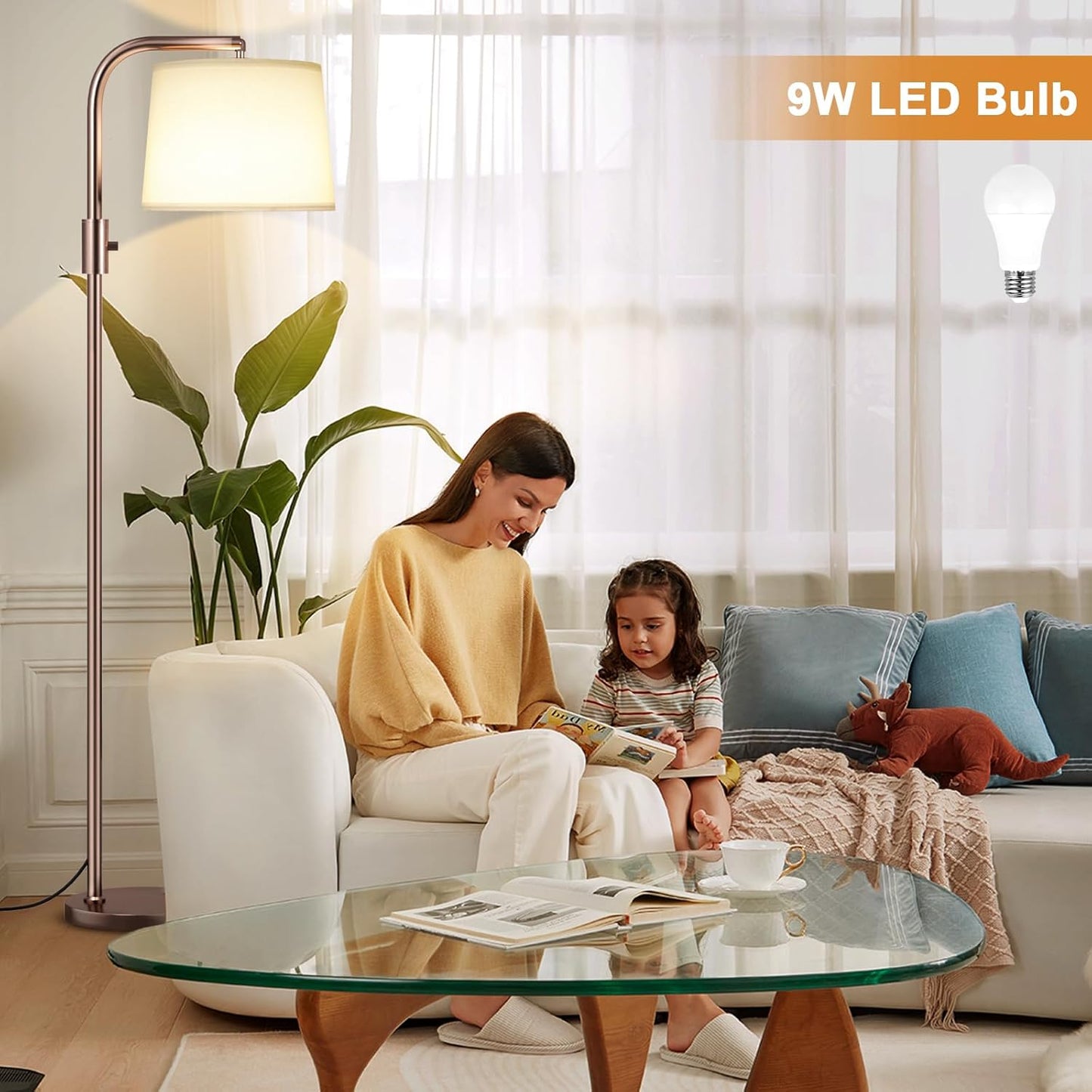 Modern Dimmable Floor Lamp with 9W LED Bulbs - Stylish Standing Light for Living Room & Bedroom (Gold & White)