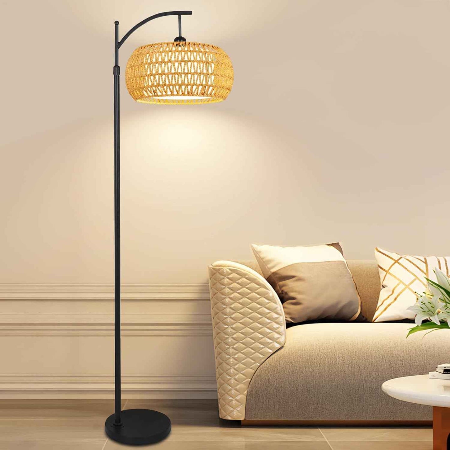 Boho Gold Floor Lamp with Remote Control | Dimmable Rattan & Wicker Design for Living Room