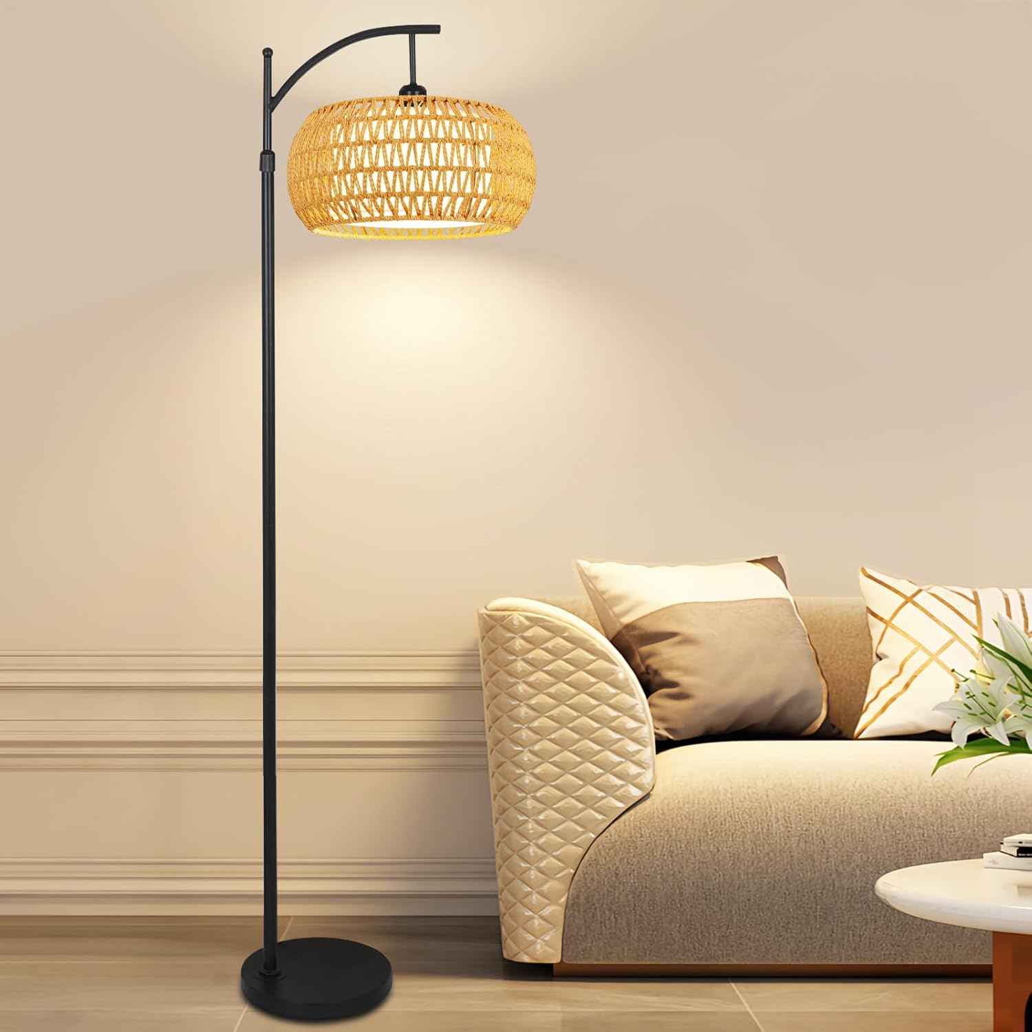 Boho Gold Floor Lamp with Remote Control | Dimmable Rattan & Wicker Design for Living Room
