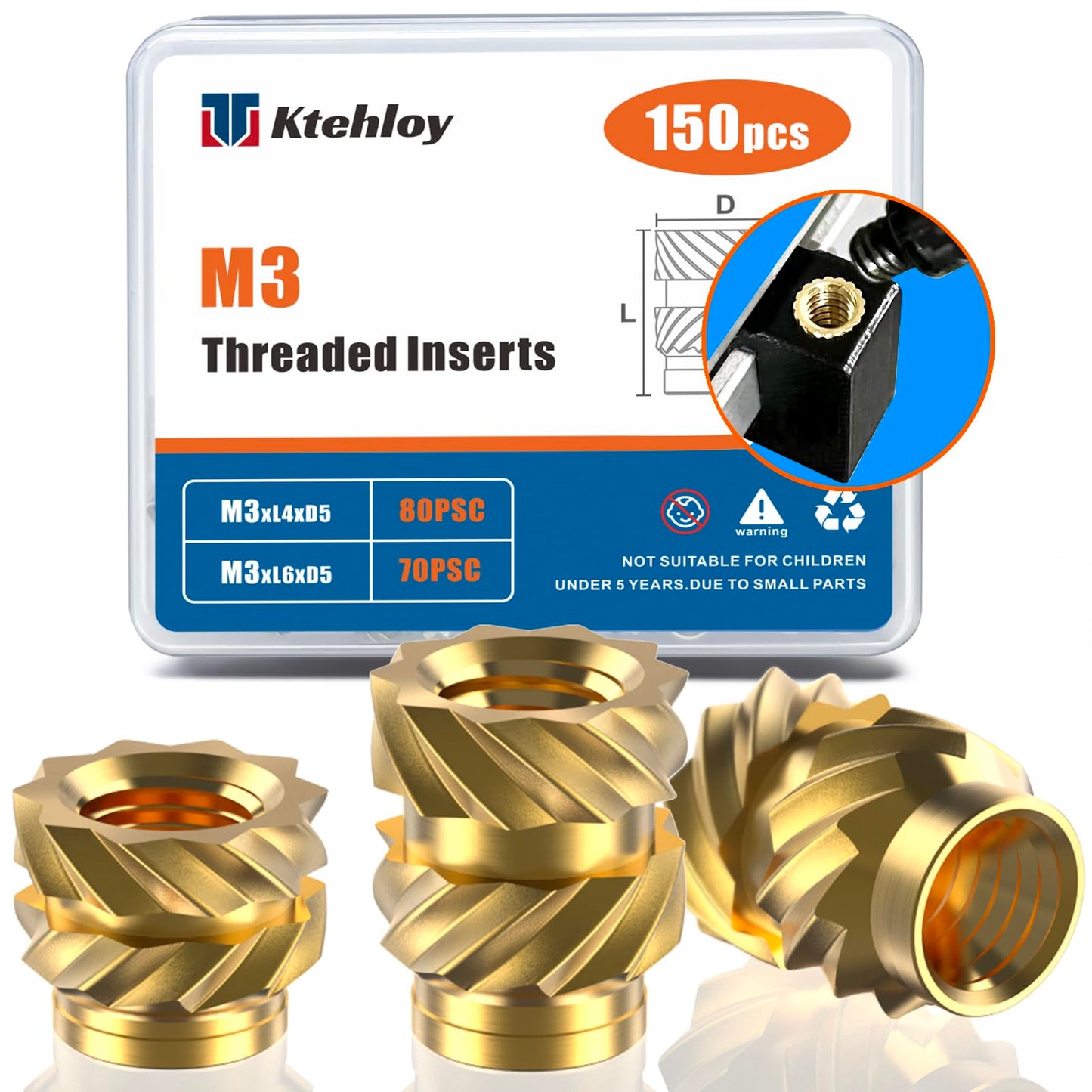 Ktehloy 150Pcs M3 Threaded Inserts, M3 Female Thread Metric Knurled Nuts Assortment Kit, Brass Heat Set Insert for Plastic and 3D Printing Components (M3x4x5, M3x6x5)