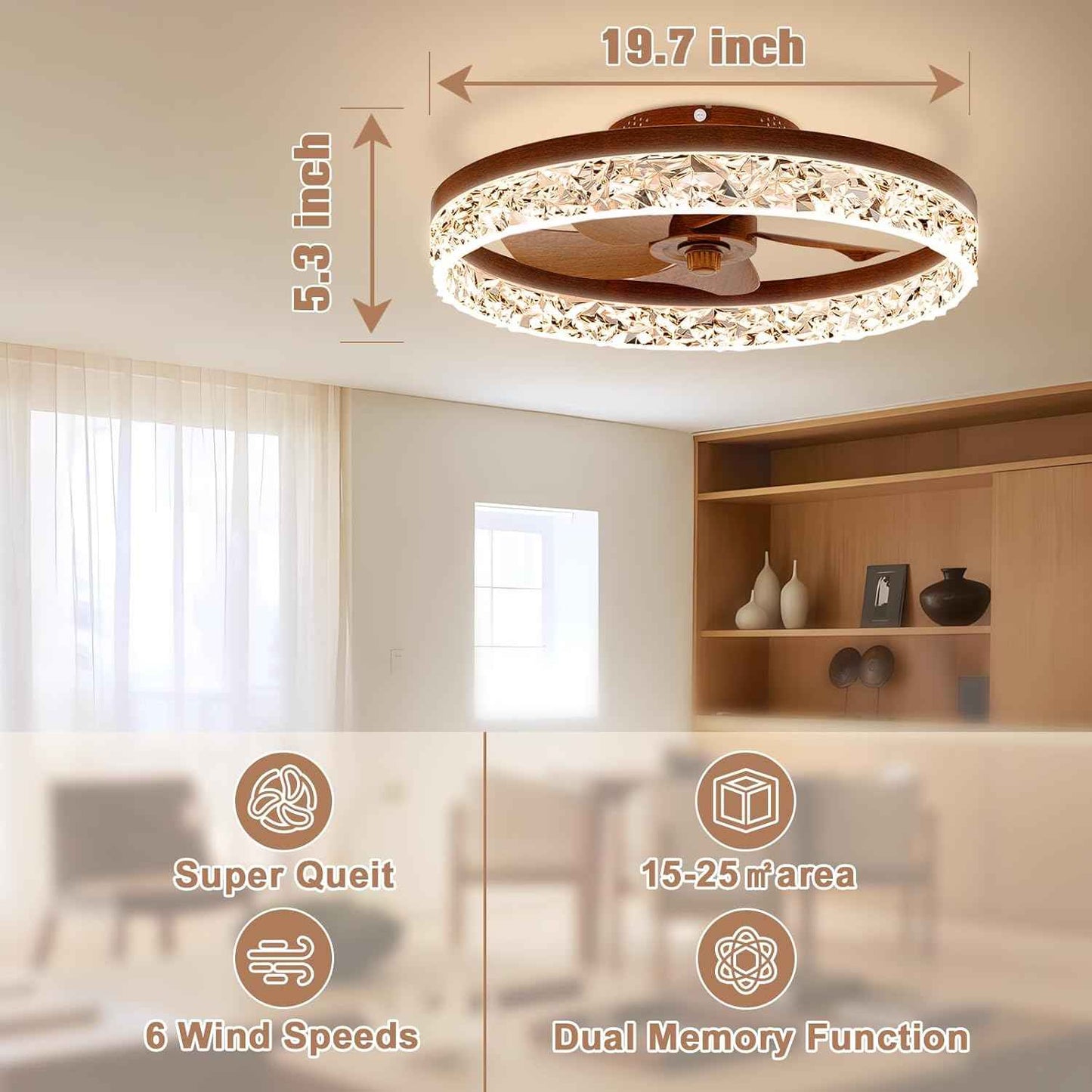 Modern Bladeless Ceiling Fan with Light & Remote - 15.7in Low Profile Fandelier, Dimmable 3000K-6500K for Bedroom