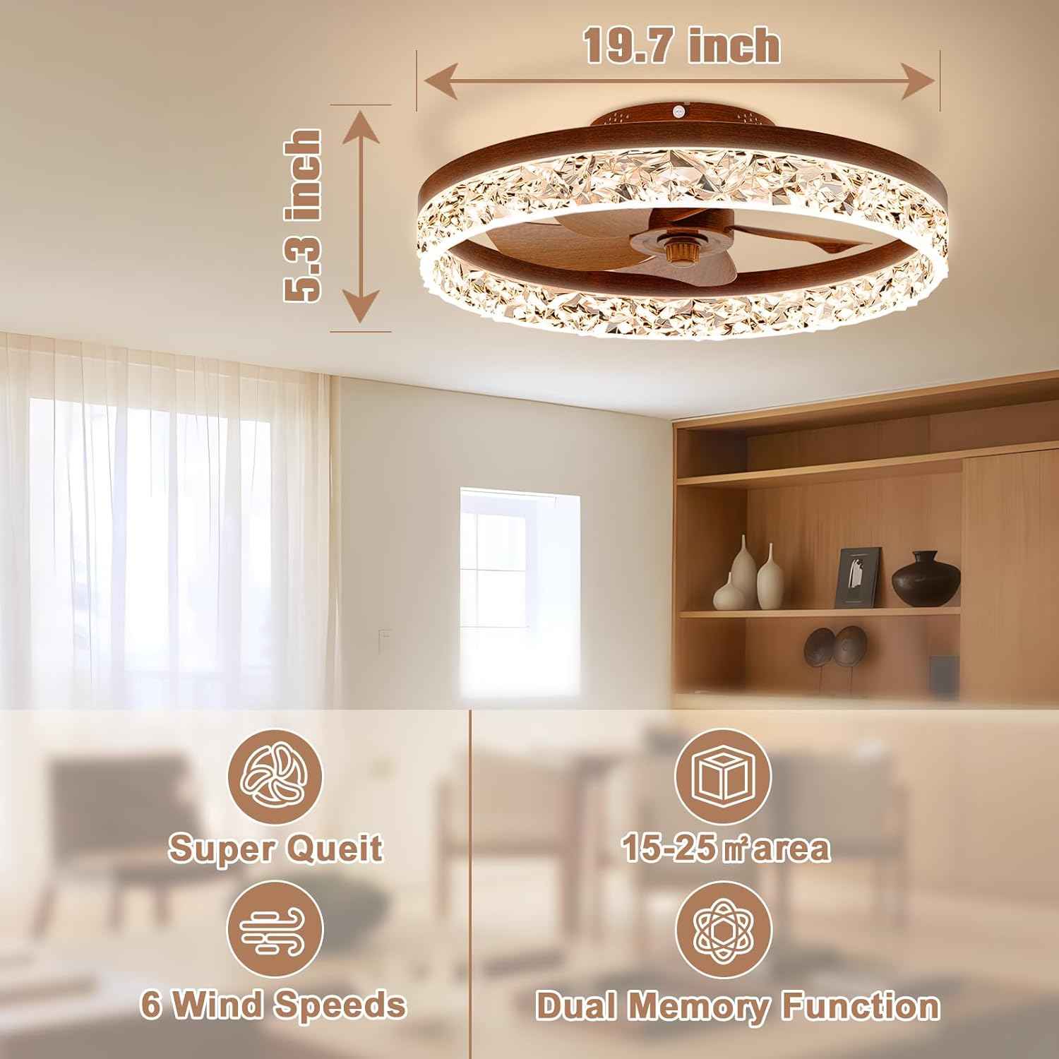 Modern Bladeless Ceiling Fan with Light & Remote - 15.7in Low Profile Fandelier, Dimmable 3000K-6500K for Bedroom