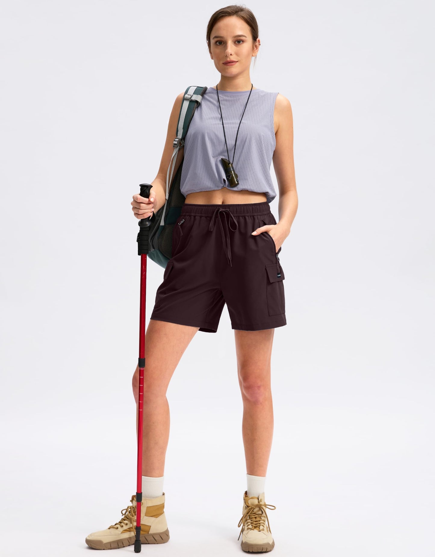 SANTINY Women's 5''/ 7'' Hiking Cargo Shorts Quick Dry Lightweight Summer Shorts for Women Athletic Golf Zipper Pockets(Wine_S)