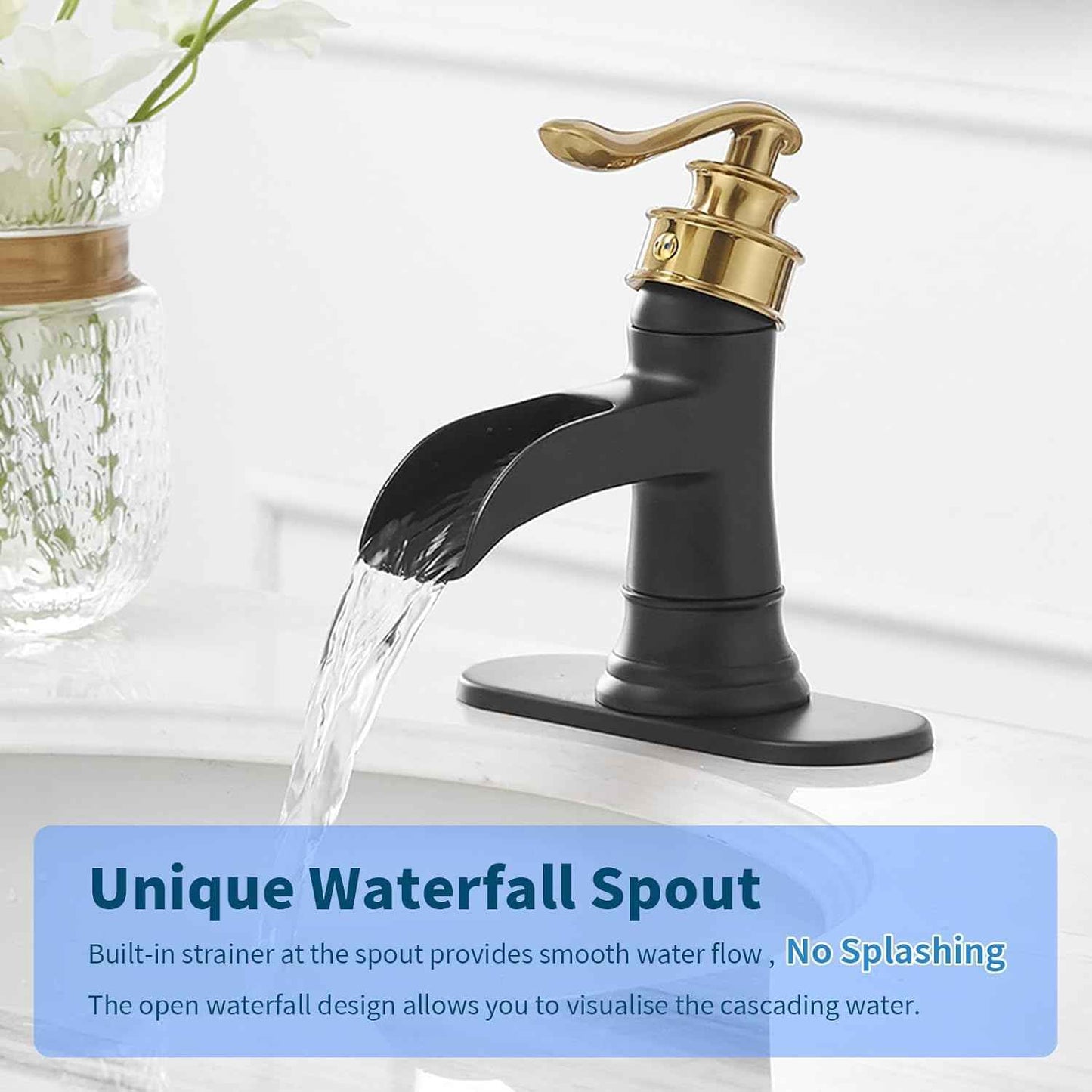 Matte Black Waterfall Bathroom Faucet - Single Handle Lavatory Sink Mixer with Brass Drain