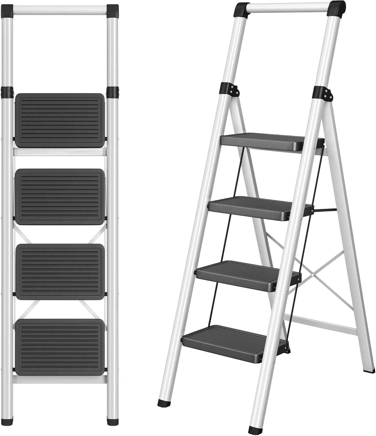 DIAMONDFORGE 4-Step Folding Ladder - Sturdy Steel Construction, Anti-Slip Pedals & Feet, Handgrip - Home Use, White & Red