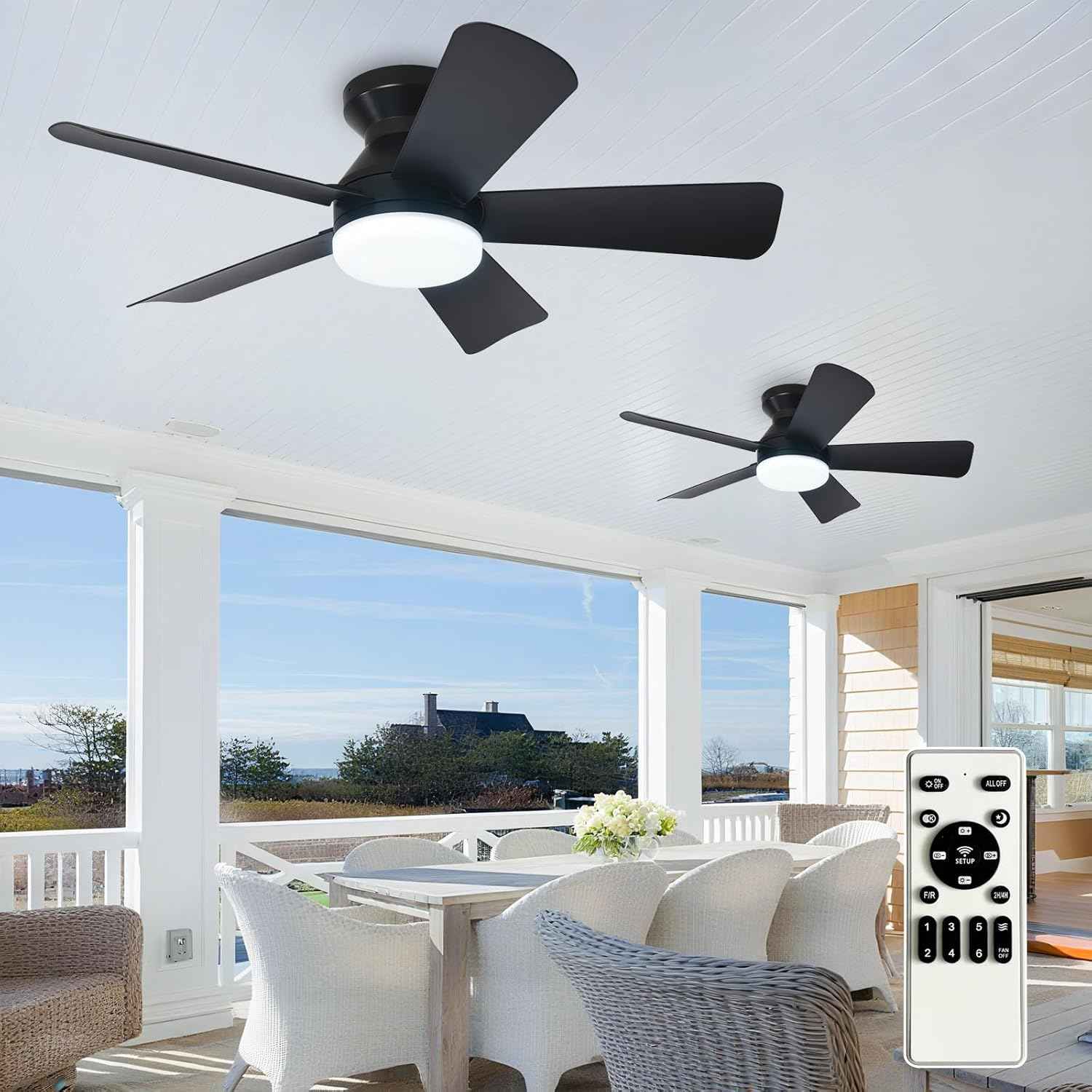 42-Inch Modern Black Ceiling Fan with Light & Remote - Dimmable Low Profile, 5 Reversible Walnut Blades, 6 Speeds for Indoor/Outdoor Use