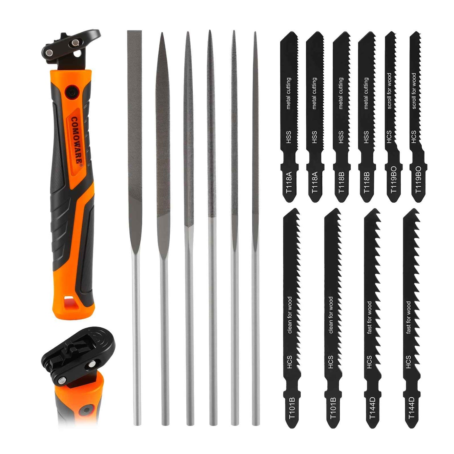COMOWARE 17Pcs Handsaw & File Set with Blade Quick Change Mechanism, 10 Saw Blades & 6 Precision Files for Woodworking, DIY, Model Crafting, PVC/Metal Cutting Tools