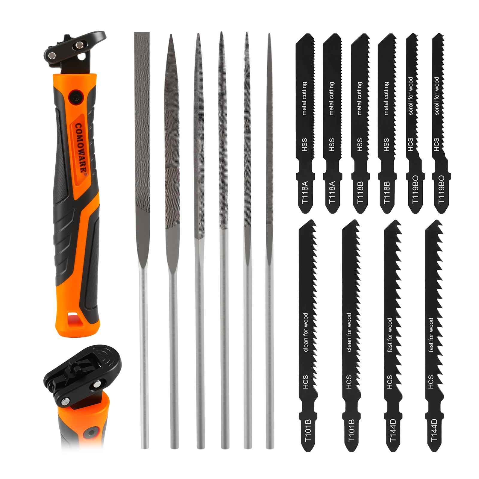 COMOWARE 17Pcs Handsaw & File Set with Blade Quick Change Mechanism, 10 Saw Blades & 6 Precision Files for Woodworking, DIY, Model Crafting, PVC/Metal Cutting Tools