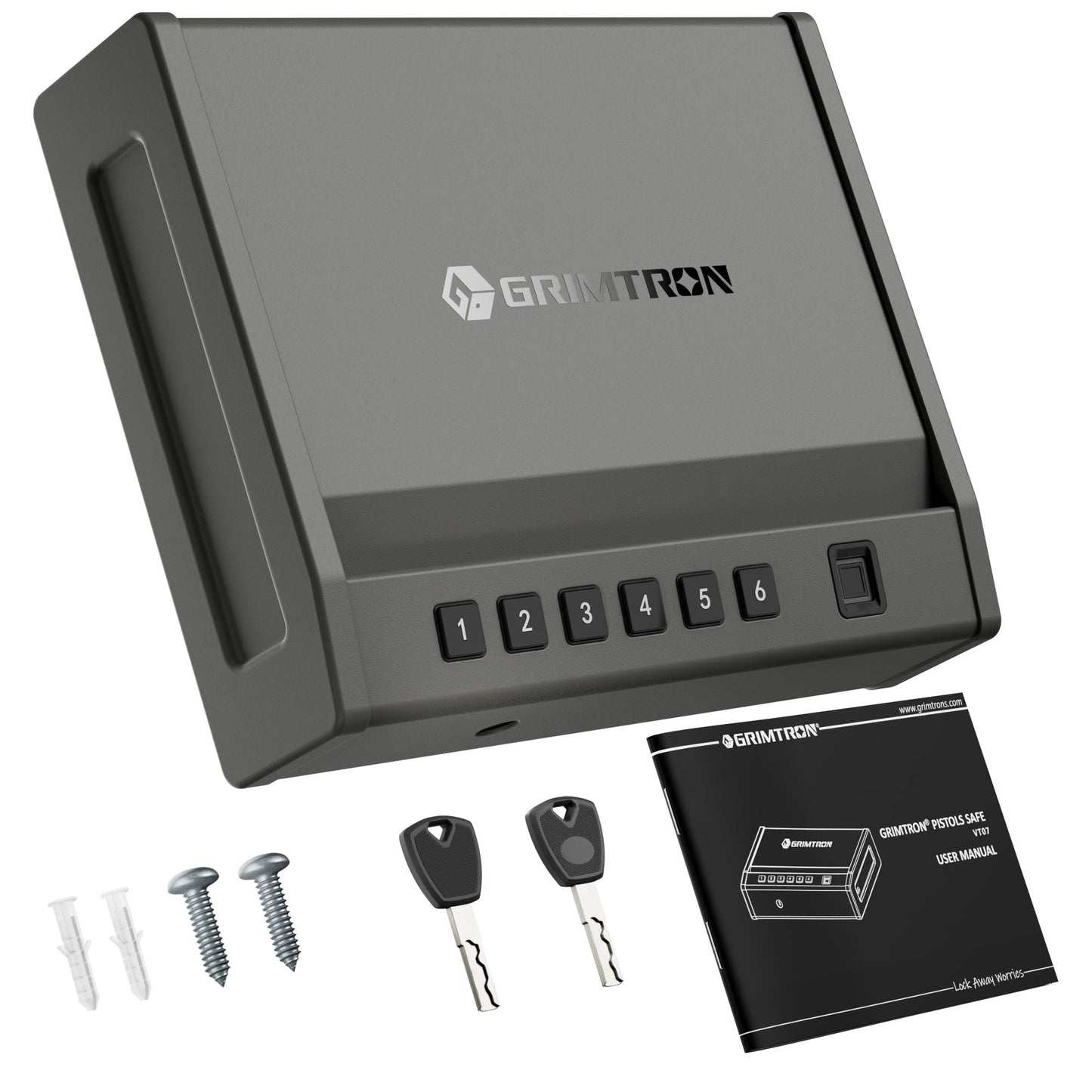 Grimtron 8.2 lb Heavy-Duty Biometric Gun Safe for Handgun โ Quick Access Pistol Safe with 100 Fingerprints, Backlit Keypad & Backup Keys โ Gun Lock Box for Nightstand, Bedside, Car & Truck Use
