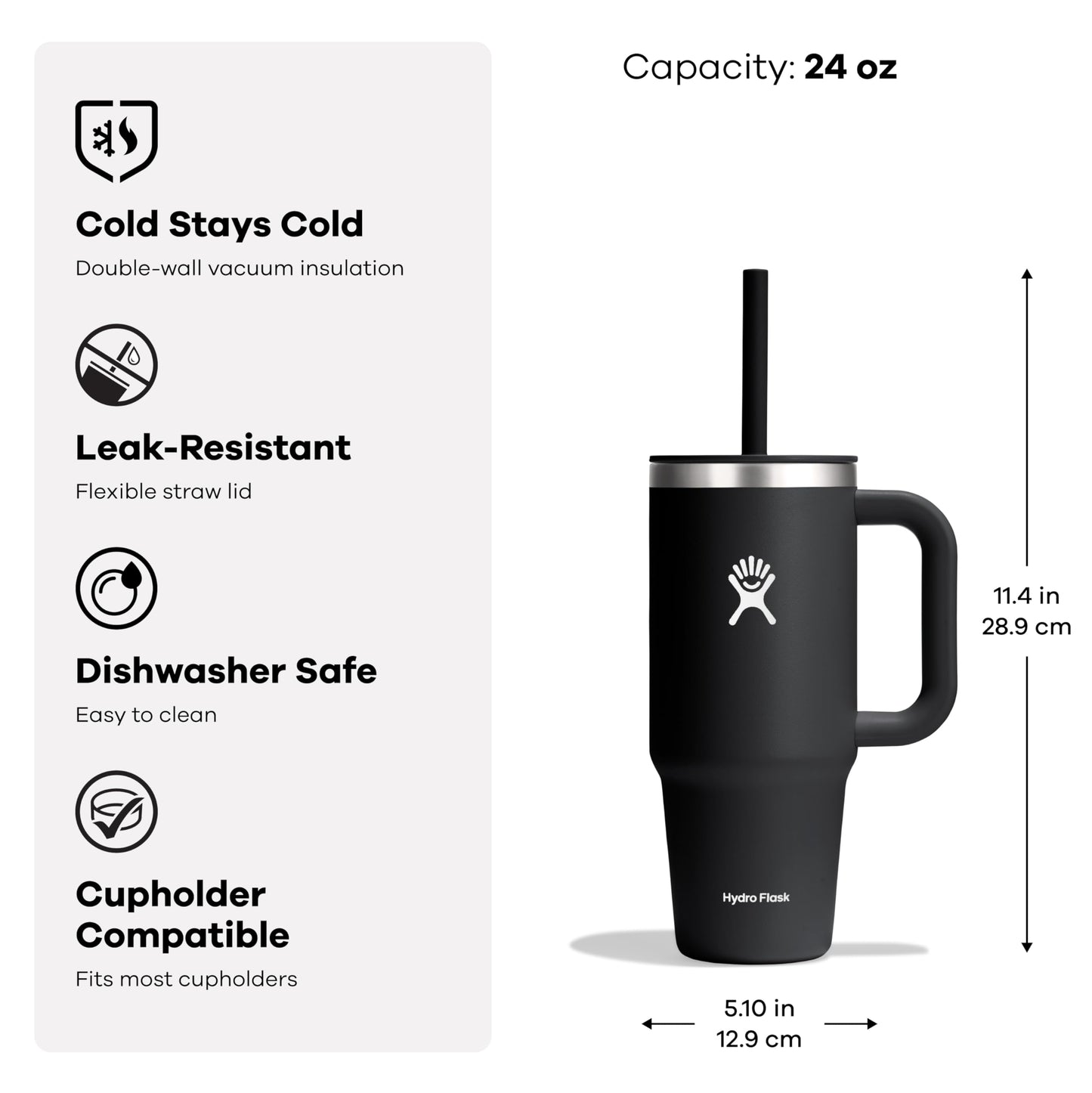 Hydro Flask Travel Tumbler with Handle, Lid and Straw - Insulated Stainless Steel in 24 Oz Coconut Cream