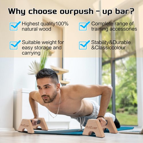 AnExer Push Up Stands, Handstand Parallettes Bars, Solid Wood Push Up Bars with Non-Slip Mat Push up Handles for Floor Exercise Home Workout Equipment for Men & Women Strength Training (Beech Wood-25cm)