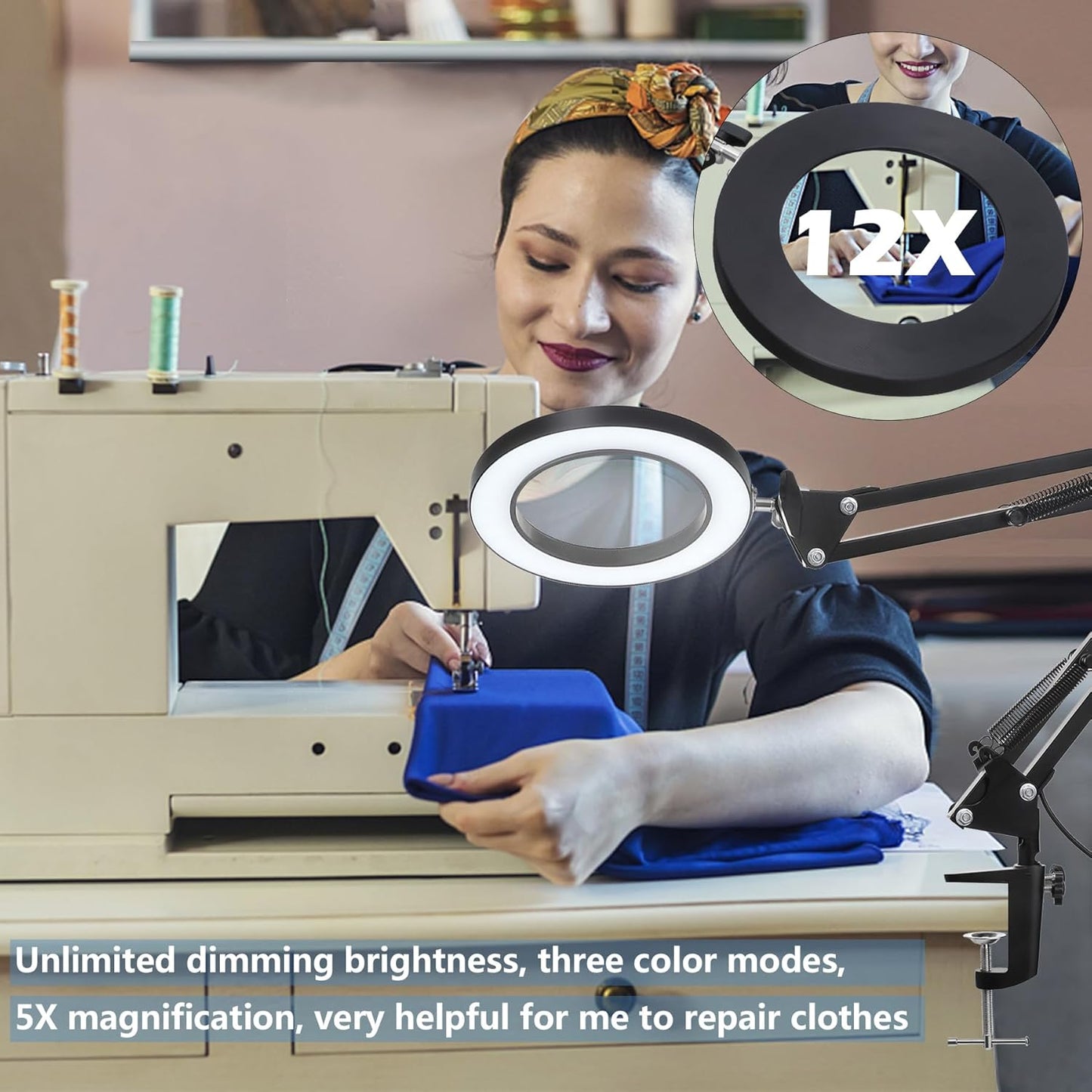 12X LED Magnifying Glass with Light & Clamp - Hands-Free Desk Lamp for Crafting & Reading