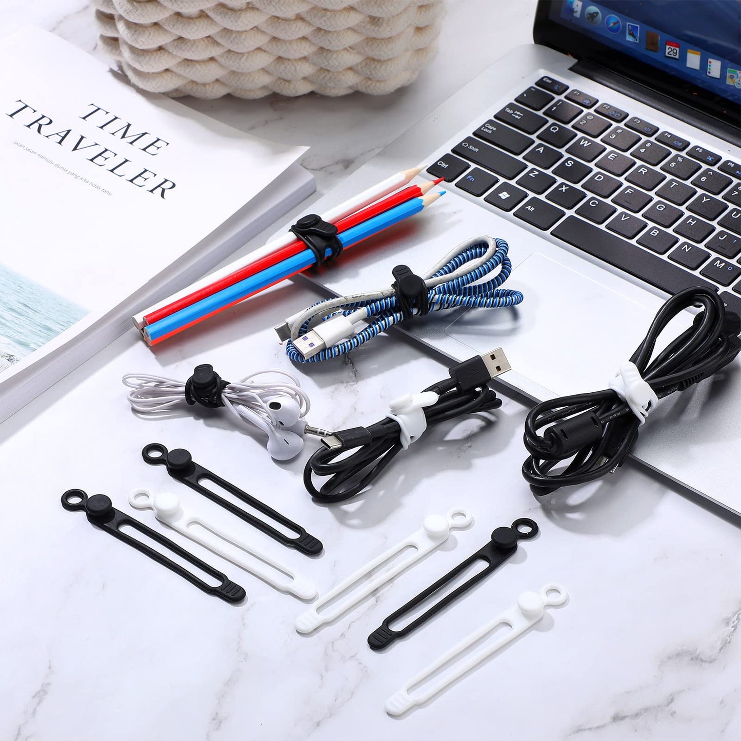 Nuanchu 40 Pcs Silicone Cable Ties Reusable Holder Adjustable Straps Multipurpose Charging Cable Organizer for Fastening Charging Cords Wires(4.17 Inch,Black, Gray)