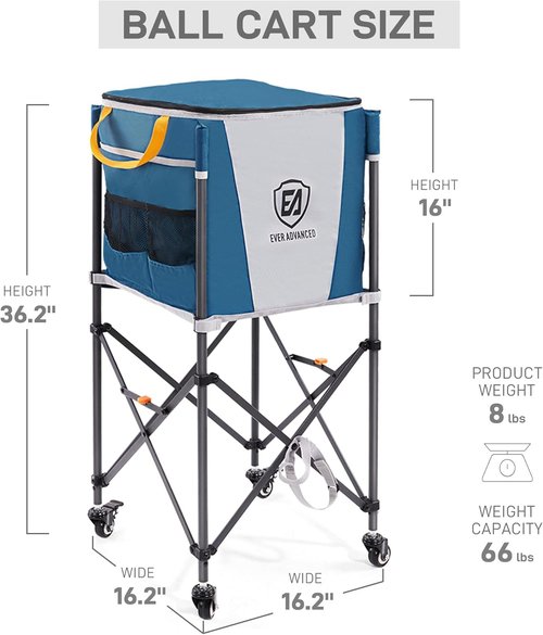 Ever Advanced Tennis Ball Hopper - 150 Capacity Rolling Cart with Side Pockets | Folding Pickleball Basket with Wheels, Blue