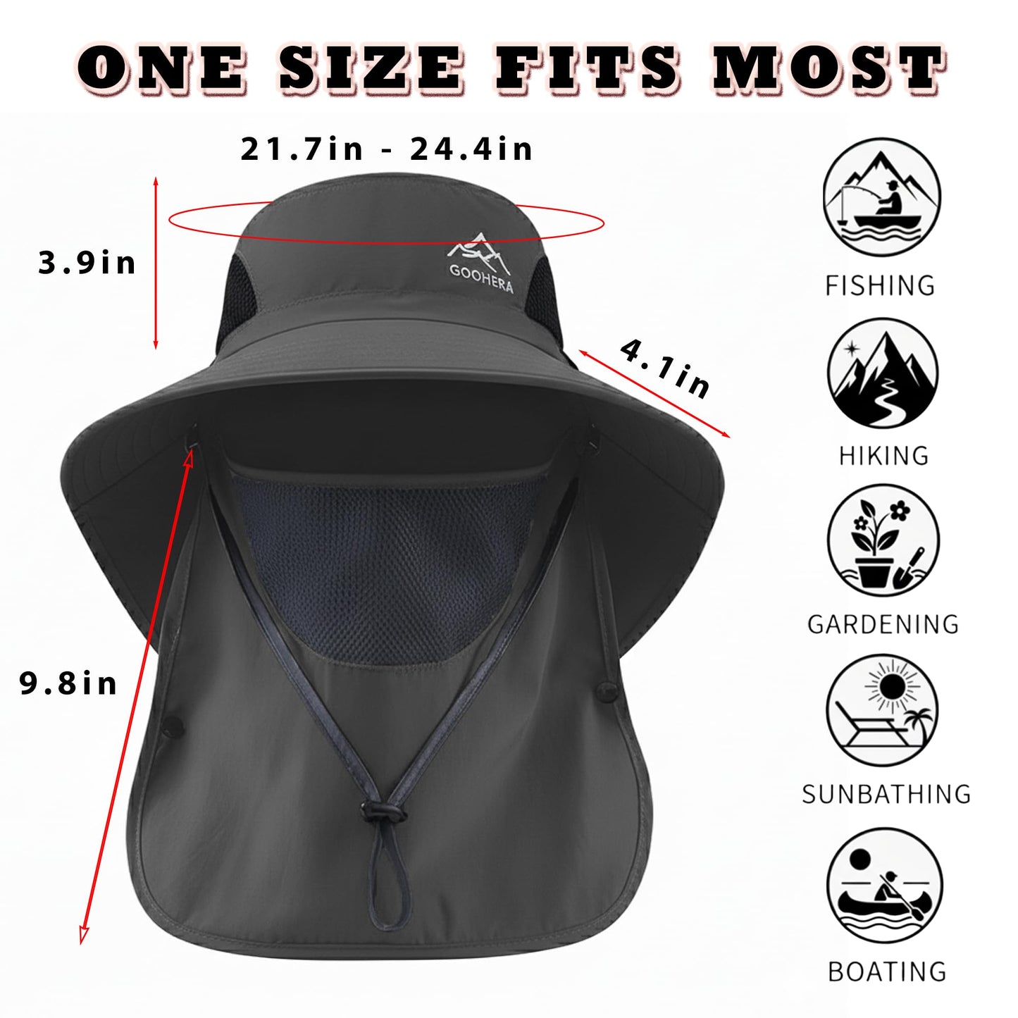 GOOHERA Sun Hat for Men & Women, Breathable Wide Brim Outdoor Fishing Hat with Face Cover & Neck Flap, UV Protection Summer Safari Hat – Dark Gray
