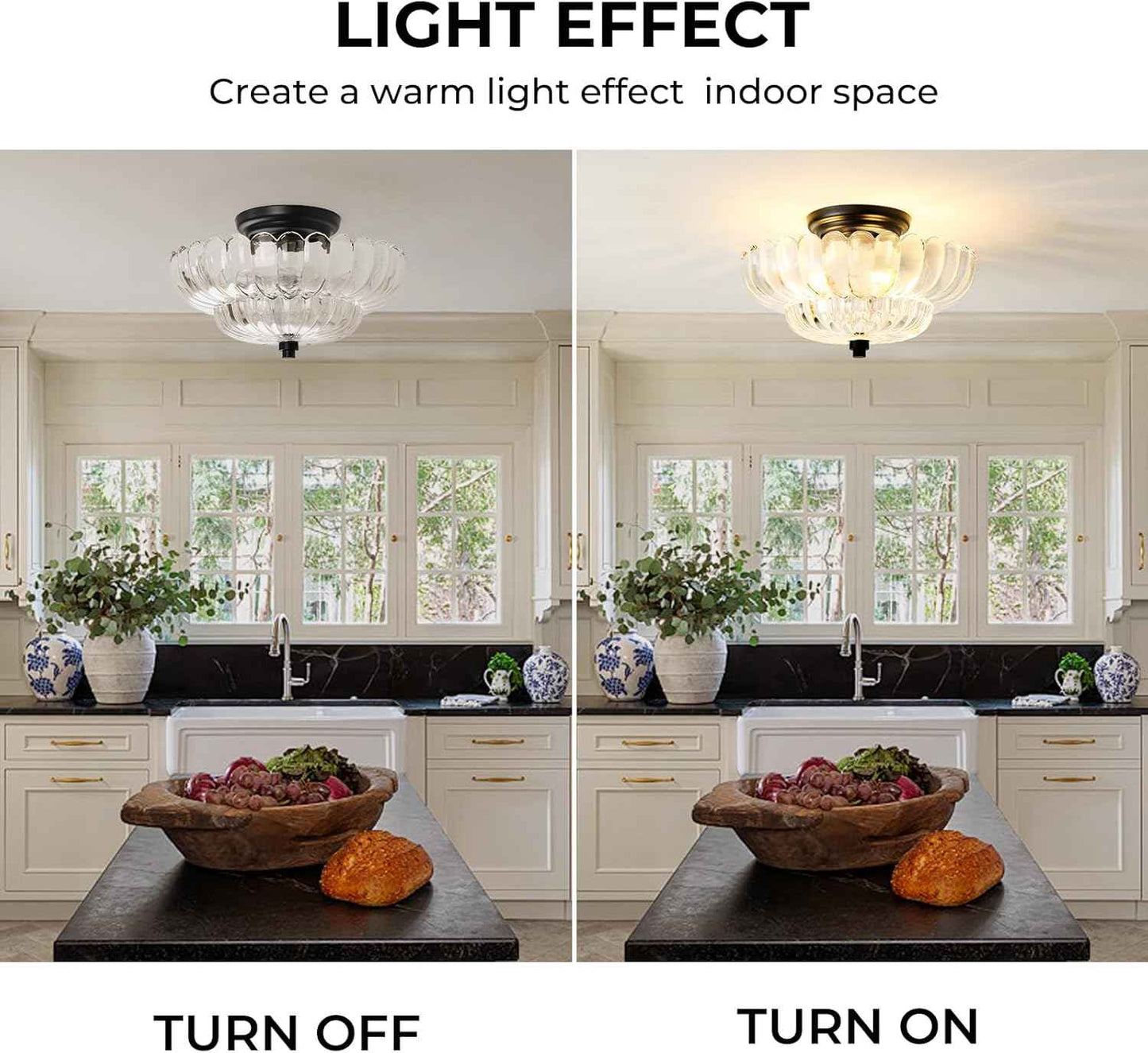 Modern Semi Flush Mount Ceiling Light Fixture with Brown Glass & Black Base - Ideal for Living Room, Kitchen, Bedroom, Hallway (Bulb Not Included)