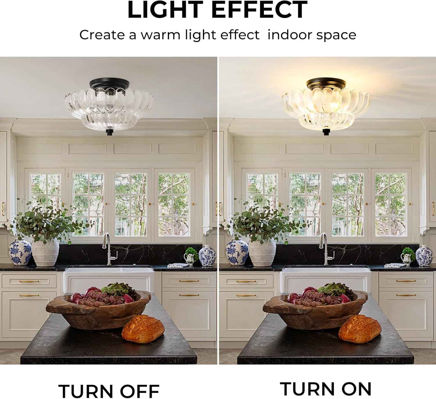 Modern Semi Flush Mount Ceiling Light Fixture with Brown Glass & Black Base - Ideal for Living Room, Kitchen, Bedroom, Hallway (Bulb Not Included)